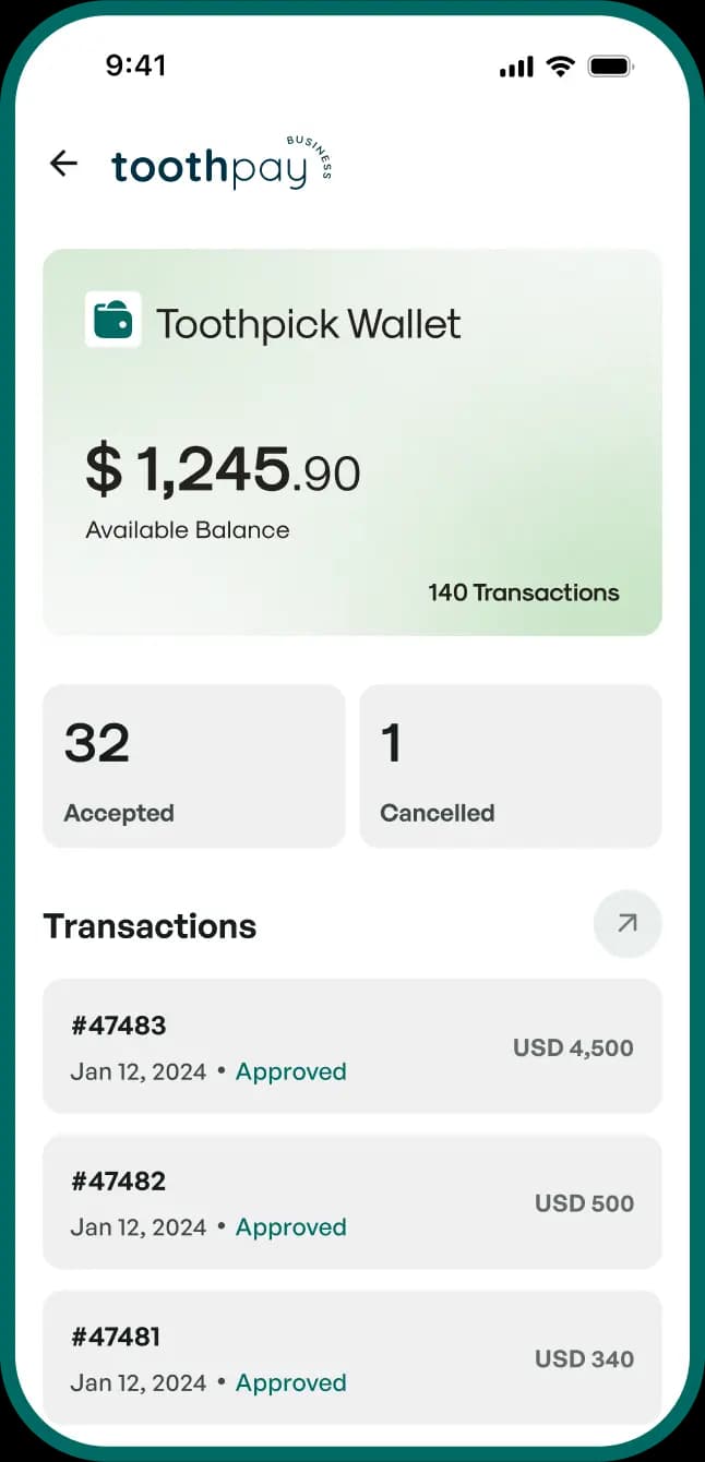 Toothpay Business mobile invoice and financing screen